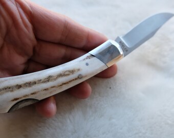 Hunting Pocet Purse Folding Knife Bohler N690 Deer Horn Handle With Leather Sheath