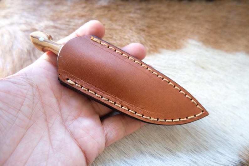 Small Dagger Knife Olive Wood Handle With Leather Sheath