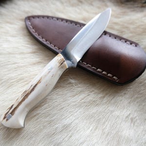 Puede incluir: Un pequeño cuchillo de hoja fija con mango de asta de ciervo blanco y funda de cuero marrón. La hoja está hecha de acero inoxidable y tiene una punta afilada.