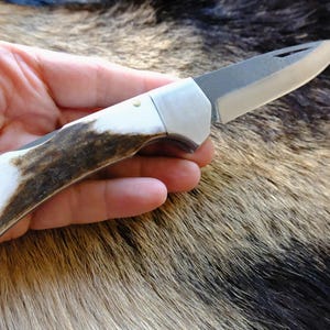 Pocet Purse Hunting Folding Knife N690 Deer Horn Handle With Leather Sheath