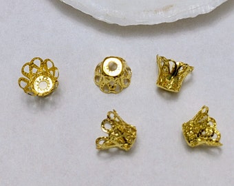 8mm bead caps, gold cone bead caps, filigree, ca. 8 x 7mm, gold plated, basket bead caps, cone, bell shaped, end caps, golden, basket caps