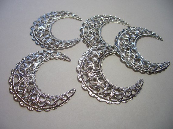 Connectors, half moon charms, silver colored, 43mm, silver, findings, metal connectors, earrings, filigree beads, silver charms, lead free