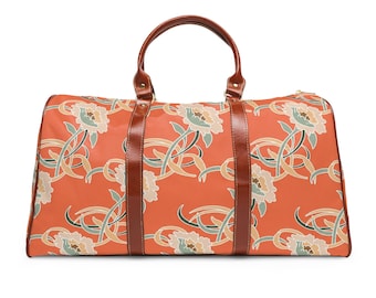 Coral Floral Pattern Waterproof Travel Bag | Retro Vine Print Duffle