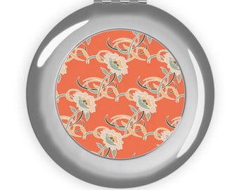 Kompakter Reisespiegel mit Jugendstil-Blumenmuster | Orangefarbenes Vintage-Motiv