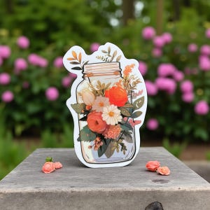 White and pink flowers inside a mason jar sticker