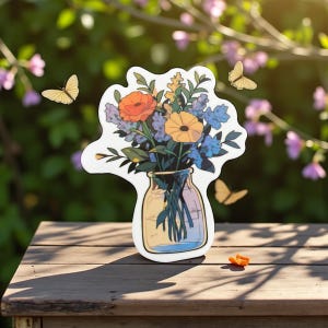 A bouquet of pink yellow and blue flowers in a vase sticker