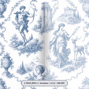 Puede incluir: Un patrón toile azul y blanco con figuras clásicas, incluyendo un arquero y una mujer con un ciervo, junto a ruinas arquitectónicas, urnas y motivos florales. El texto 2 TONE JPEG'S • Seamless • 12 in • 300 DPI está impreso en la parte inferior.