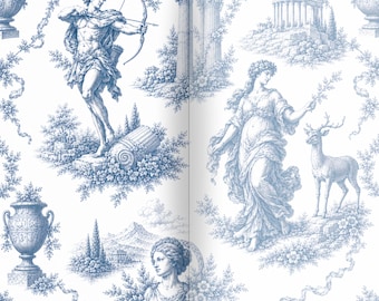 Mythologische Toile de Jouy Muster, griechische Tempelruinen, 2 blaue nahtlose JPEG (Digitaler Download)