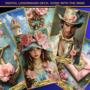 May include: A digital Lenormand deck featuring illustrations from "Gone with the Wind." The cards showcase romantic imagery, including a woman in a floral hat, a man in a suit, an anchor, and a letter. The deck has a blue and gold color scheme.