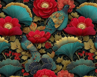 Retro Chinoiserie Seamless Pattern: Vögel & Pfingstrosen Digitales Papier (12x12 JPEG Download)