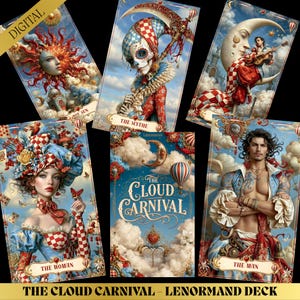 May include: A digital Lenormand deck titled The Cloud Carnival featuring five illustrated cards. The cards depict a sun, a skeleton with a scythe, a person on a crescent moon, a woman in a harlequin outfit, and a man with tattoos, all with clouds.