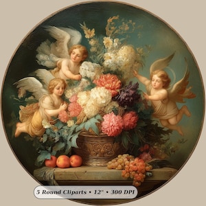以下が含まれることがあります： 翼のある3人の天使が、色とりどりの花と果物でいっぱいのバスケットを囲む、丸いヴィンテージスタイルのアートワーク。アートワークの直径は約30cmです。