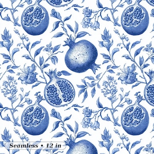 Peut inclure: Motif sans couture avec des grenades bleues, des fleurs et du feuillage sur fond blanc. Le motif comprend des grenades entières et coupées en deux, avec le texte "Seamless • 12 in" en bas. Le style d'illustration rappelle les estampes botaniques classiques.