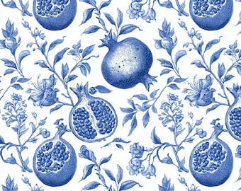 Nahtloses Muster blauer Toile Granatäpfel: Vintage botanisches digitales Papier (30 x 30 cm, JPEG Download)