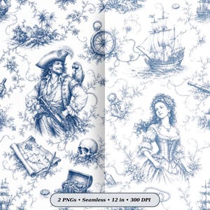 May include: A seamless digital pattern featuring blue ink illustrations on a white background. The design includes a pirate with a parrot, a woman in a gown, a sailing ship, a compass, a treasure map, a skull, and a chest of gold coins.