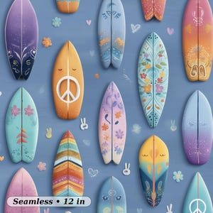May include: A seamless pattern featuring colorful surfboards with various designs, including floral patterns, peace signs, and abstract art. The surfboards are arranged on a blue background, with the text "Seamless • 12 in" at the bottom.