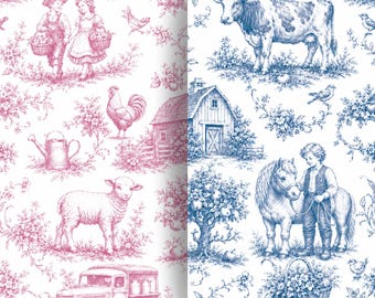 Naadloos boerderij toile-patroon, roze blauw landelijke dierenscène jpeg