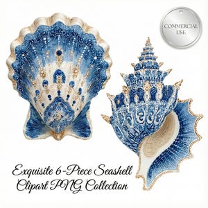 Pode incluir: Duas conchas ornamentadas com intrincados desenhos azuis e dourados. Uma é em forma de leque, a outra em espiral. O texto diz "Exquisite 6-Piece Seashell Clipart PNG Collection". Uma etiqueta prateada no canto superior direito diz "COMMERCIAL USE".