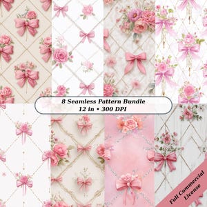 Può includere: Un pacchetto di 8 modelli senza cuciture con disegni romantici con fiocchi rosa, rose e composizioni floreali. I modelli sono ambientati su vari sfondi, tra cui reticoli a diamante e texture acquerello. Il testo recita "8 Seamless Pattern Bundle 12 in • 300 DPI".