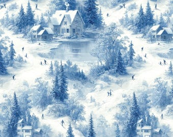 Motivo senza soluzione di continuità – Villaggio invernale Toile de Jouy, scena di neve blu e bianca 300 DPI