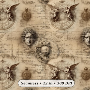 以下が含まれることがあります： ヴィンテージスタイルのイラストが特徴のシームレスパターン。デザインには、ケルビム、コンパス、古典的な胸像が、羊皮紙のような背景に描かれています。「Seamless • 12 in • 300 DPI」のテキストが下部に表示されています。