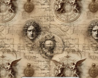 Seamless Pattern – Renaissance Codex Sketch, Sepia Diagrammpapier, 12×12 JPEG, 300 DPI