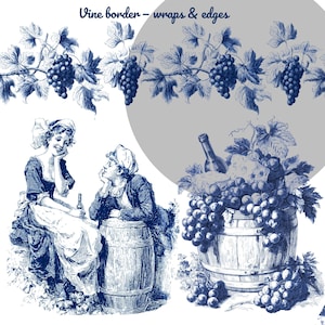 May include: Blue and white illustration featuring a vine border with grapes, leaves, and the text "Vine border - wraps & edges." The image also depicts two people, a barrel, and a wine bottle.