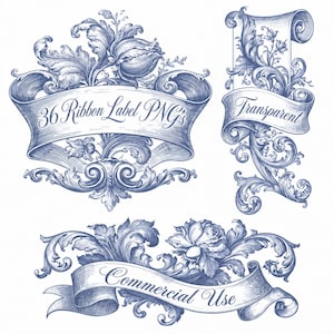 May include: Blue and white vintage-style illustrations of decorative ribbon labels with floral and scrollwork designs. The image includes three different designs, each with a banner. One banner reads "36 Ribbon Label PNG's", another reads "Transparent", and the last reads "Commercial Use".