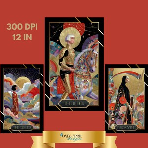 May include: Set of three tarot card prints. The Rider card features a figure in gold armor riding a colorful horse. The Clouds card shows a person in a red robe. The Scythe card depicts a figure in a black robe. Each card is 12 inches in height.