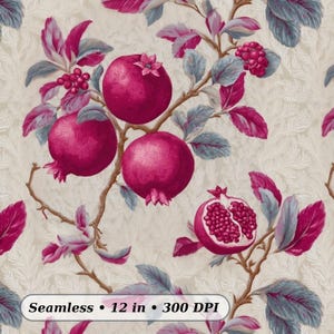 May include: A seamless pattern with magenta pomegranates, berries, and leaves on a beige backdrop. The design includes the text "Seamless • 12 in • 300 DPI". The pomegranates are the main feature.