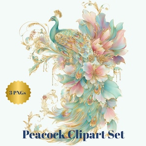 May include: A digital illustration of a peacock with a teal body and a crown, surrounded by pastel-colored flowers and gold accents. The text "Peacock Clipart Set" is displayed below the image, along with a gold badge that says "3 PNGs".