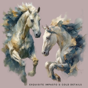 May include: Two white horses in a watercolor style painting with flowing manes and tails. The horses are depicted in motion, with a light pink background. The text "EXQUISITE IMPASTO & GOLD DETAILS" is at the bottom.