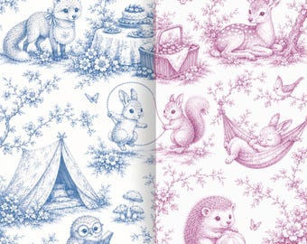 Seamless Woodland Toile Pattern, Pink Blue Nursery Animal Wallpaper JPEG