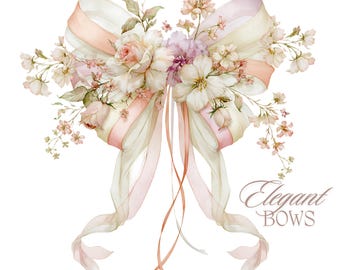 Elegante Blumenbögen PNG Set, Pfirsich Band Hochzeit Clipart