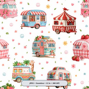 May include: A seamless pattern featuring watercolor illustrations of various campers, trailers, and vans in pink, blue, and red. The design includes small motifs of peace signs, flowers, strawberries, and suns, with text reading JPEG Seamless 12 in 300 DPI.