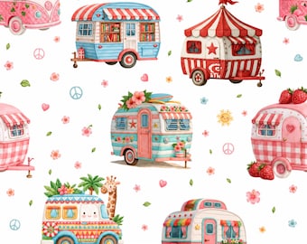 Watercolor Camper Van Seamless Pattern, Retro Hippie Travel Digital Paper