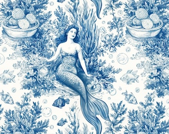 Nahtloses Muster Mermaid Toile: Blauer Chinoiserie-Stoff (12x12 300 DPI Digitales Papier)