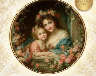 Viktorianische Mutter und Kind Clipart - 12 PNG Porträts mit Goldrahmen