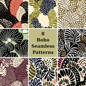 Könnte beinhalten: Acht nahtlose Boho-Muster in einem Rasterlayout. Die Muster zeigen abstrakte Blumen- und botanische Designs in verschiedenen Farbpaletten, darunter Schwarz, Weiß, Olivgrün, Burgunderrot und Pfirsich. Der Text "8 Boho Seamless Patterns" befindet sich in der Mitte.