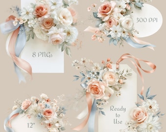 Floral Tag PNG Set, 8 Pfirsich Rose Blankoetiketten für die Hochzeit
