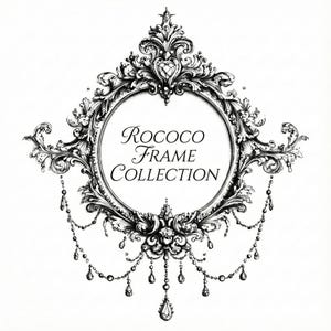 May include: A detailed black and white Rococo frame design. The circular frame is adorned with elaborate floral and scroll patterns, with the text "Rococo Frame Collection" inside. Beaded strands with teardrop pendants dangle from the bottom.