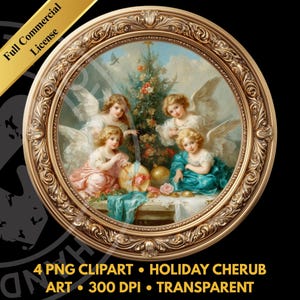 May include: A round, ornate gold frame surrounds a painting of cherubic figures with wings gathered around a decorated Christmas tree. The cherubs wear dresses in shades of pink and teal. The image includes the text "4 PNG CLIPART • HOLIDAY CHERUB ART • 300 DPI • TRANSPARENT."