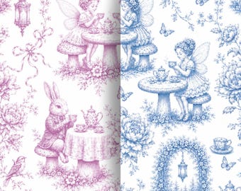 Fairy Tea Party Seamless Pattern Set, Pink Blue Storybook JPEG Backgrounds