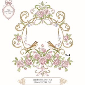 May include: Watercolor illustration of a Rococo-style design with pink roses, two birds, and ornate gold scrollwork. The image includes the text "FULL COMMERCIAL LICENSE" and "PREMIUM CLIPART SET 6 ROCOCO STYLE PNG".