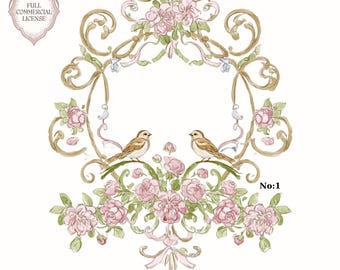 Clipart-Set verzierte Rokoko-Blumenvogelrahmen-Grenze - Pastell-Hochzeits-Kamm PNG