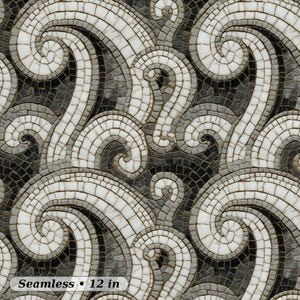 May include: Seamless mosaic tile pattern featuring swirling wave-like designs in white, gray, and black. The pattern is composed of small, square tiles. The text "Seamless • 12 in" is at the bottom.