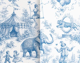 Nahtlose Zirkusmuster, 2 Töne, Vintage Blue Toile Wallpaper JPEG