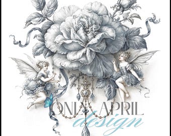 Patina Blau Toile de Jouy Fee und Rose Clipart PNG