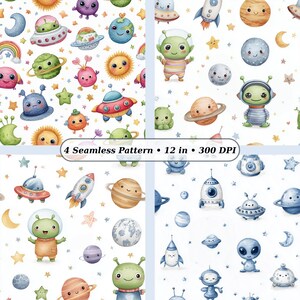 Op de afbeelding: Vier naadloze patronen met aquarel illustraties van schattige aliens, planeten, raketten en sterren. De patronen zijn in verschillende kleuren, waaronder blauw, groen, oranje en paars. De tekst luidt "4 Seamless Pattern • 12 in • 300 DPI".