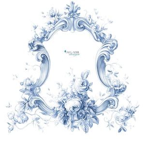 May include: A blue and white floral design featuring an ornate, scroll-like frame. The frame surrounds a blank space, with clusters of roses and other flowers at the bottom. The text "ONLY APRIL design" is visible.